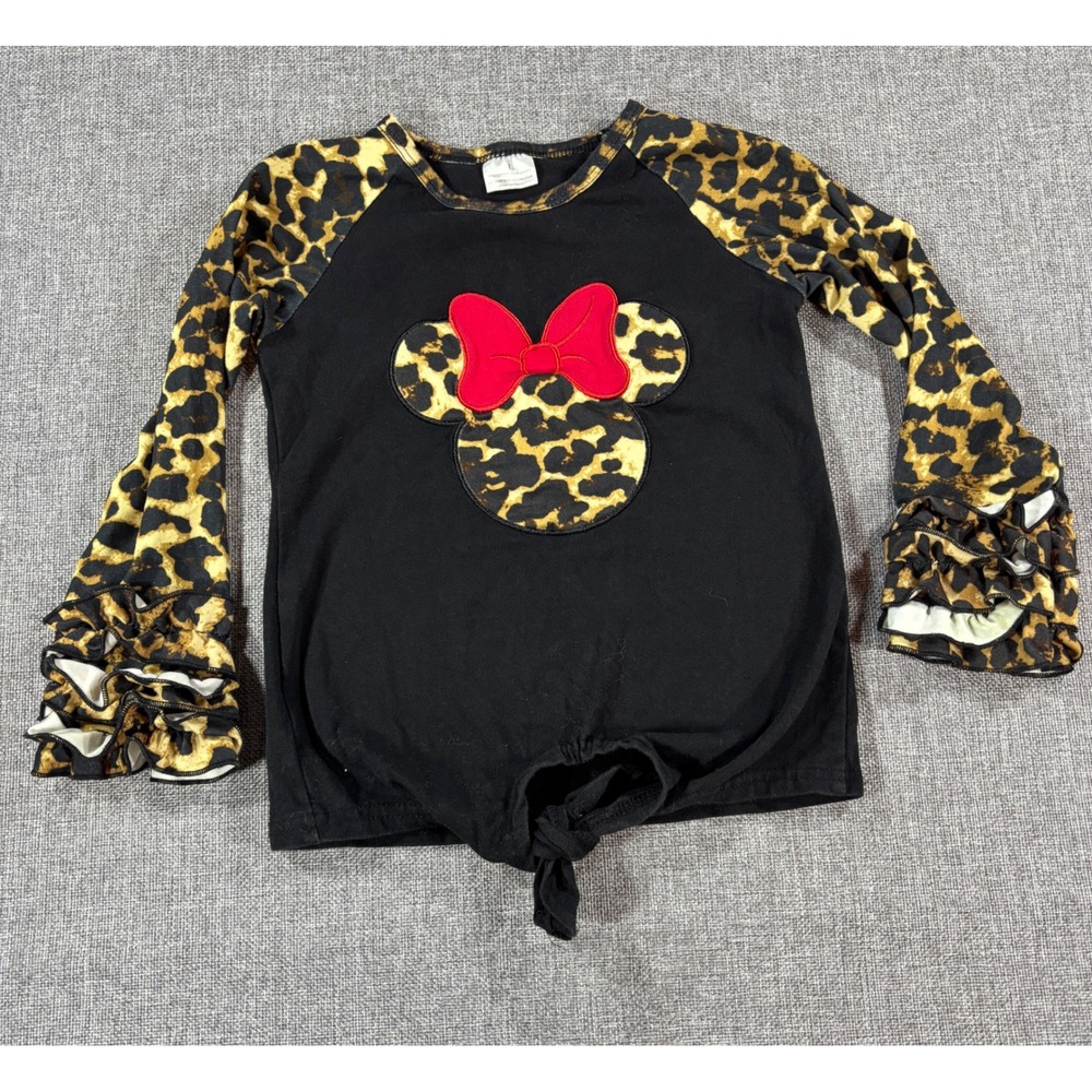 Disney Girls Leopard Minnie Mouse Ruffle Sleeve Top Size L Black Cotton Blend